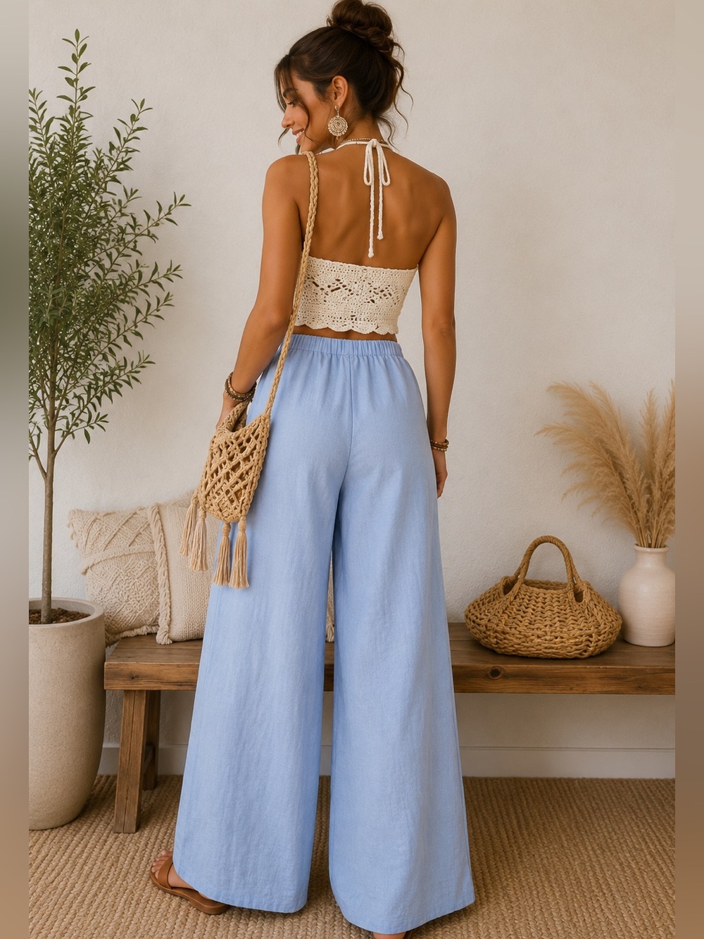 Very J Blue Wide Leg Lounge Pants Boho Linen Blend Comfy Fit Size Large NWT - Picture 4 of 11